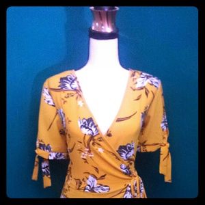 Yellow floral print wrap dress